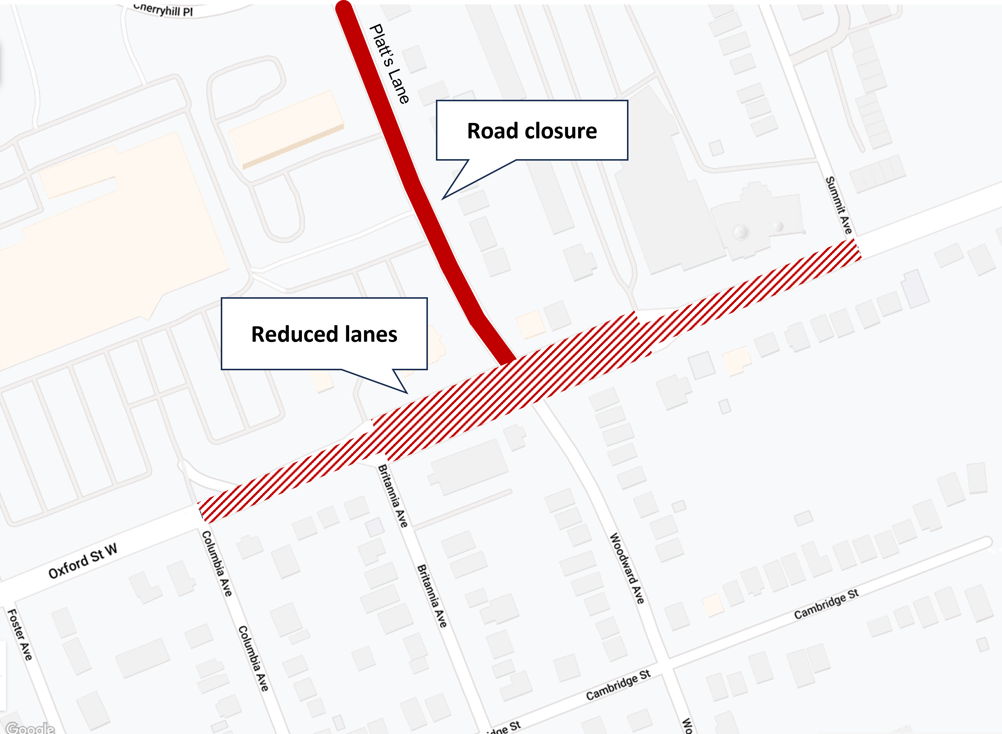 Reduced lanes on Oxford Street West at Platt s Lane Woodward